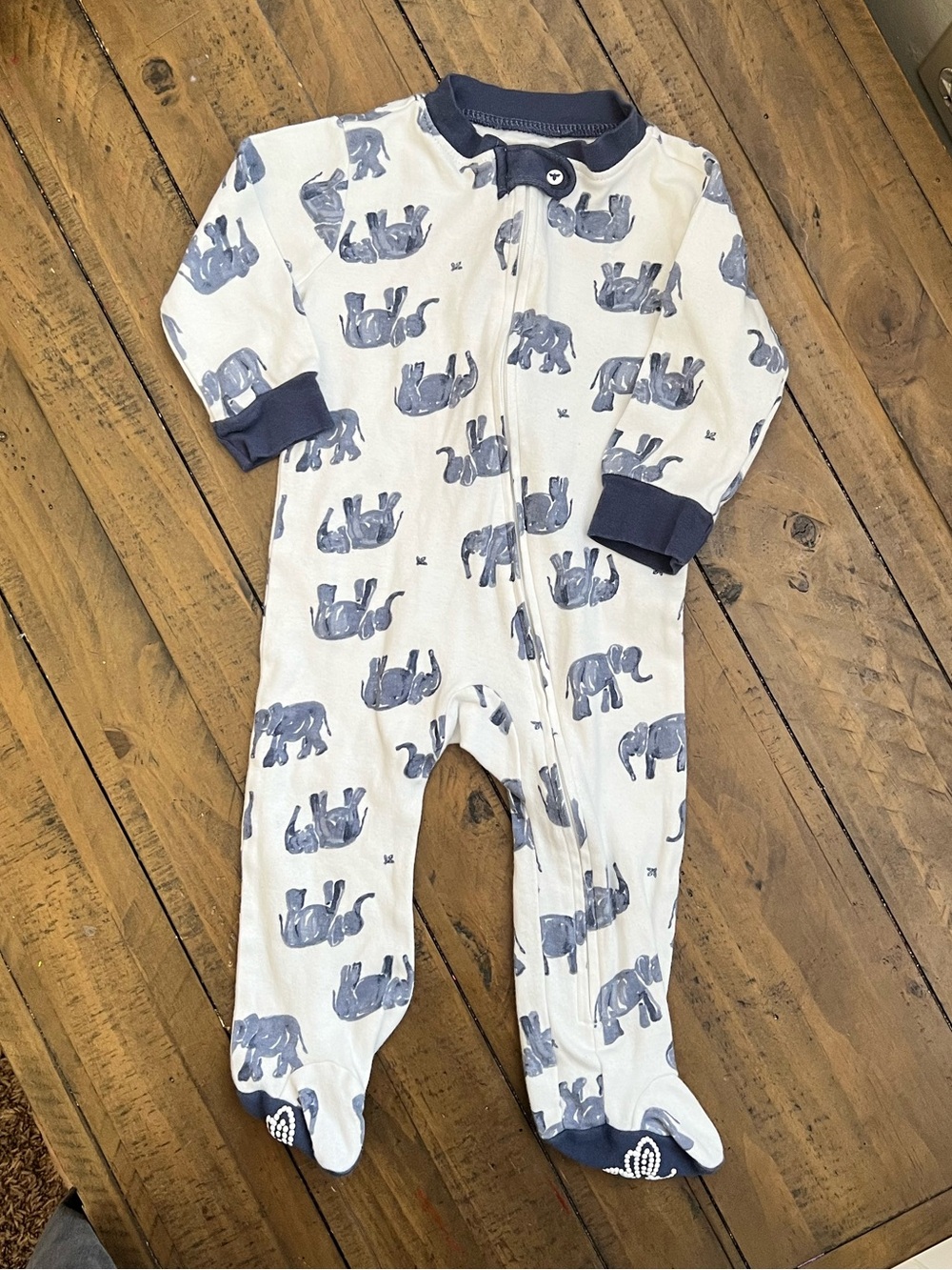Burt’s Bee Baby One-Piece Footed Pajamas in White with Blue Elephant Print